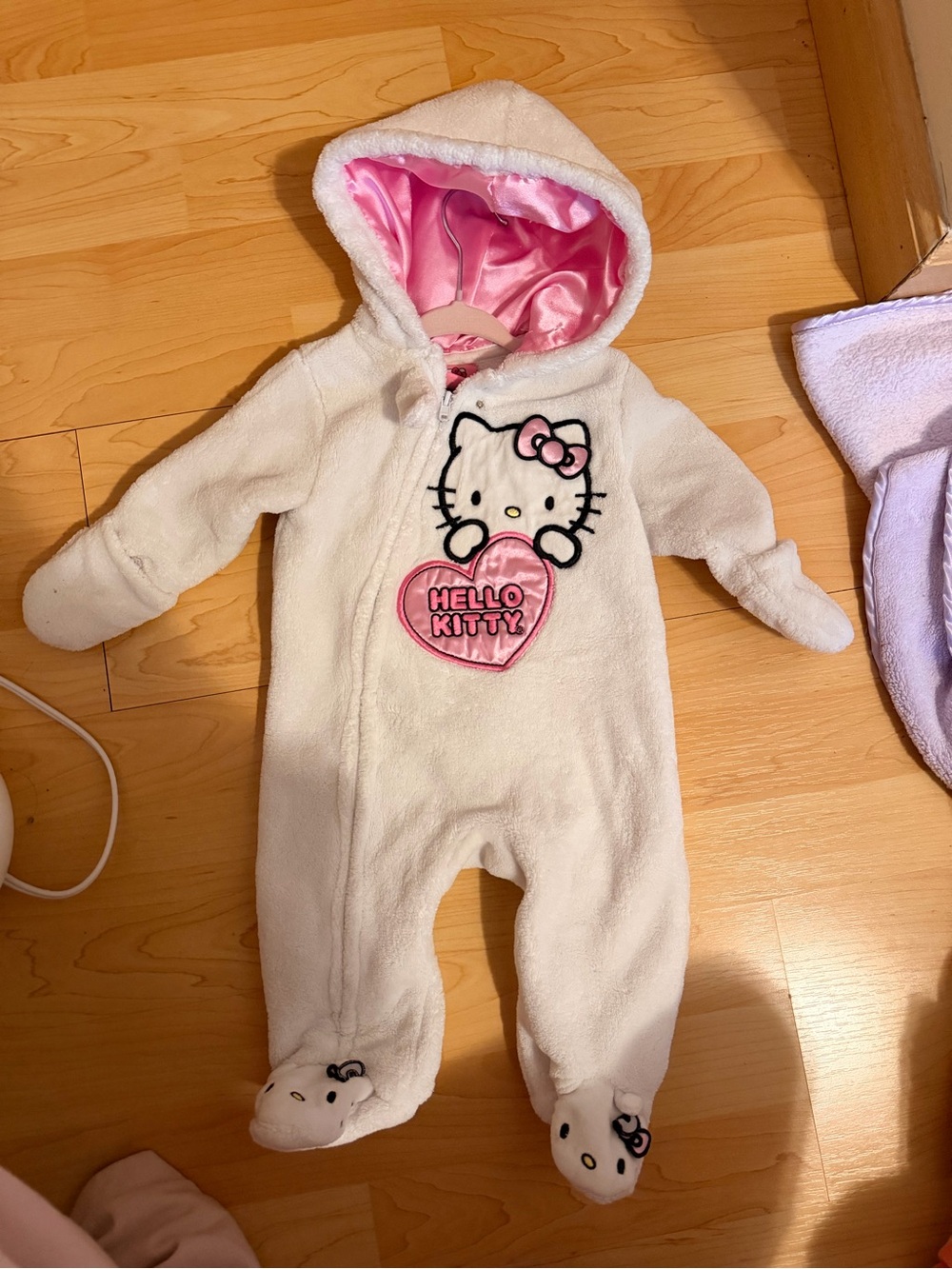 Hello Kitty White Plush One-Piece Romper with Pink Lined Hood